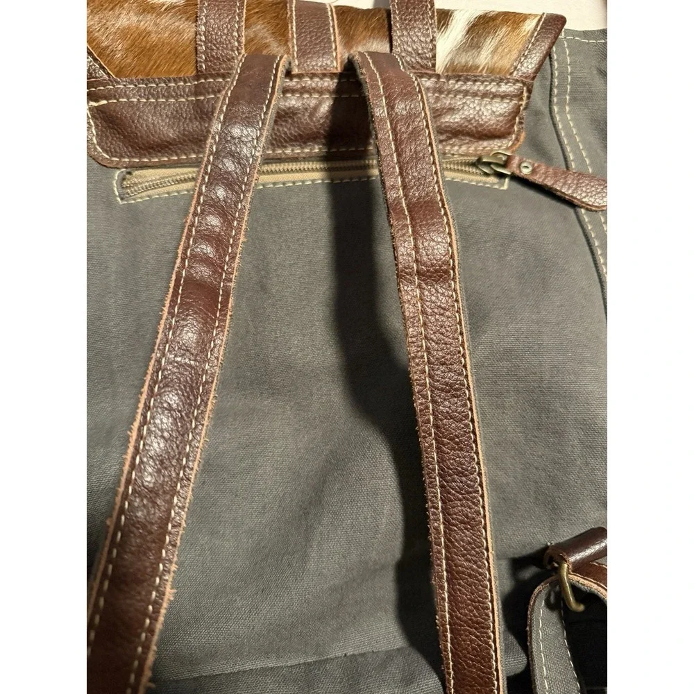 Myra Bag‎ Canvas Genuine Leather Cow Hide Backpack Western Festival Up Cycled